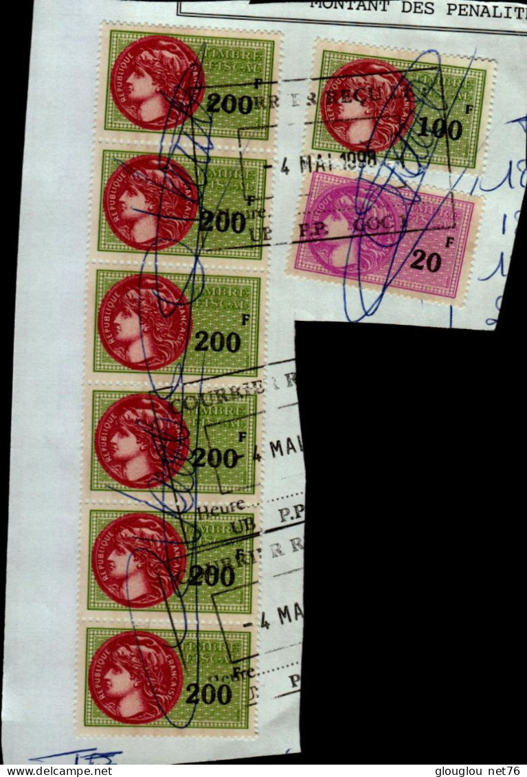 6 TIMBRES FISCAUX A 200 F  , 1 TIMBRE A 100 F , 1 TIMBRE A 20 F   COLLES SUR UNE FEUILLE - Stamps