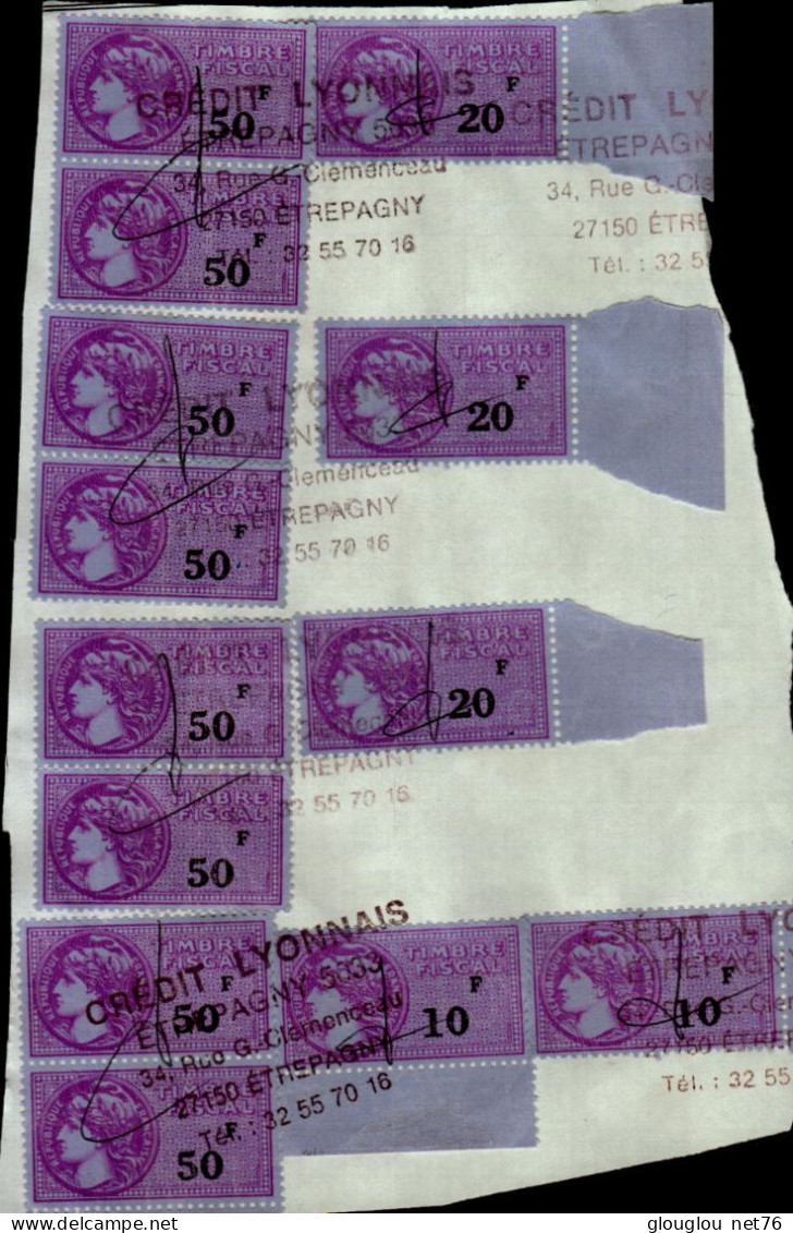 2 TIMBRES FISCAUX A 10 F  , 3 TIMBRES A 20 F , 8 TIMBRES A 50 F   COLLES SUR UNE FEUILLE - Timbres