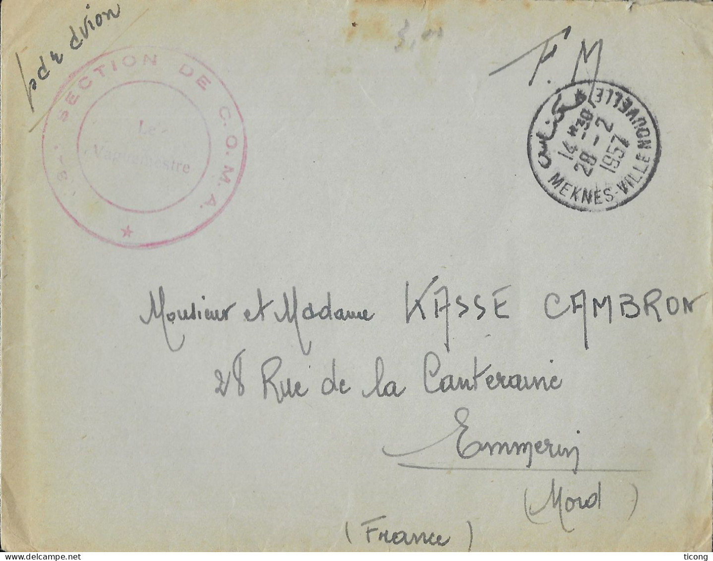 MILITARIA - LETTRE EN FM DU 32IEME COMA - CACHET MEKNES MAROC  VILLE NOUVELLE 1957 POUR EMMERIN NORD FRANCE - A VOIR - Documentos