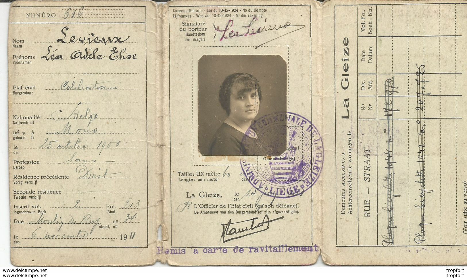 JY 1 / CARTE D'IDENTITE ANCIENNE BELGIQUE GEMEENTE LA GLEIZE 1911 CNI Belge Document Identité - Historical Documents