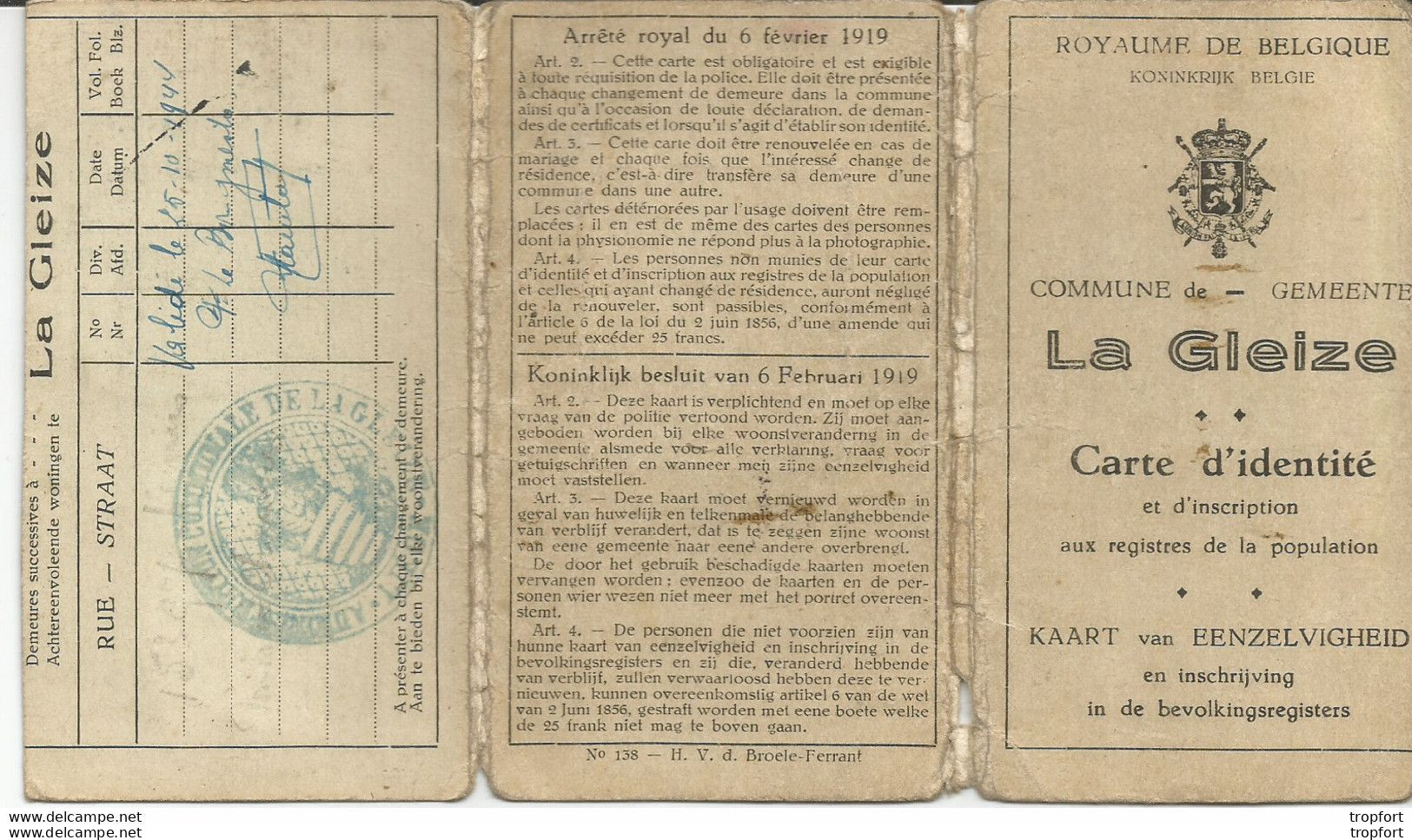 JY 1 / CARTE D'IDENTITE ANCIENNE BELGIQUE GEMEENTE LA GLEIZE 1911 CNI Belge Document Identité - Historische Dokumente