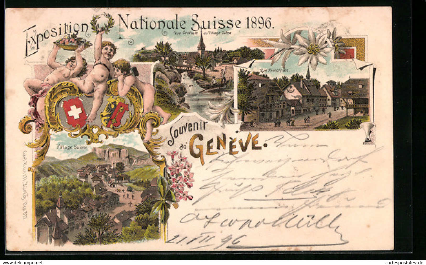 Lithographie Geneve, Exposition Nationale Suisse 1896, Vue Générale Du Village Suisse, Rue Principale, Ausstellung  - Expositions