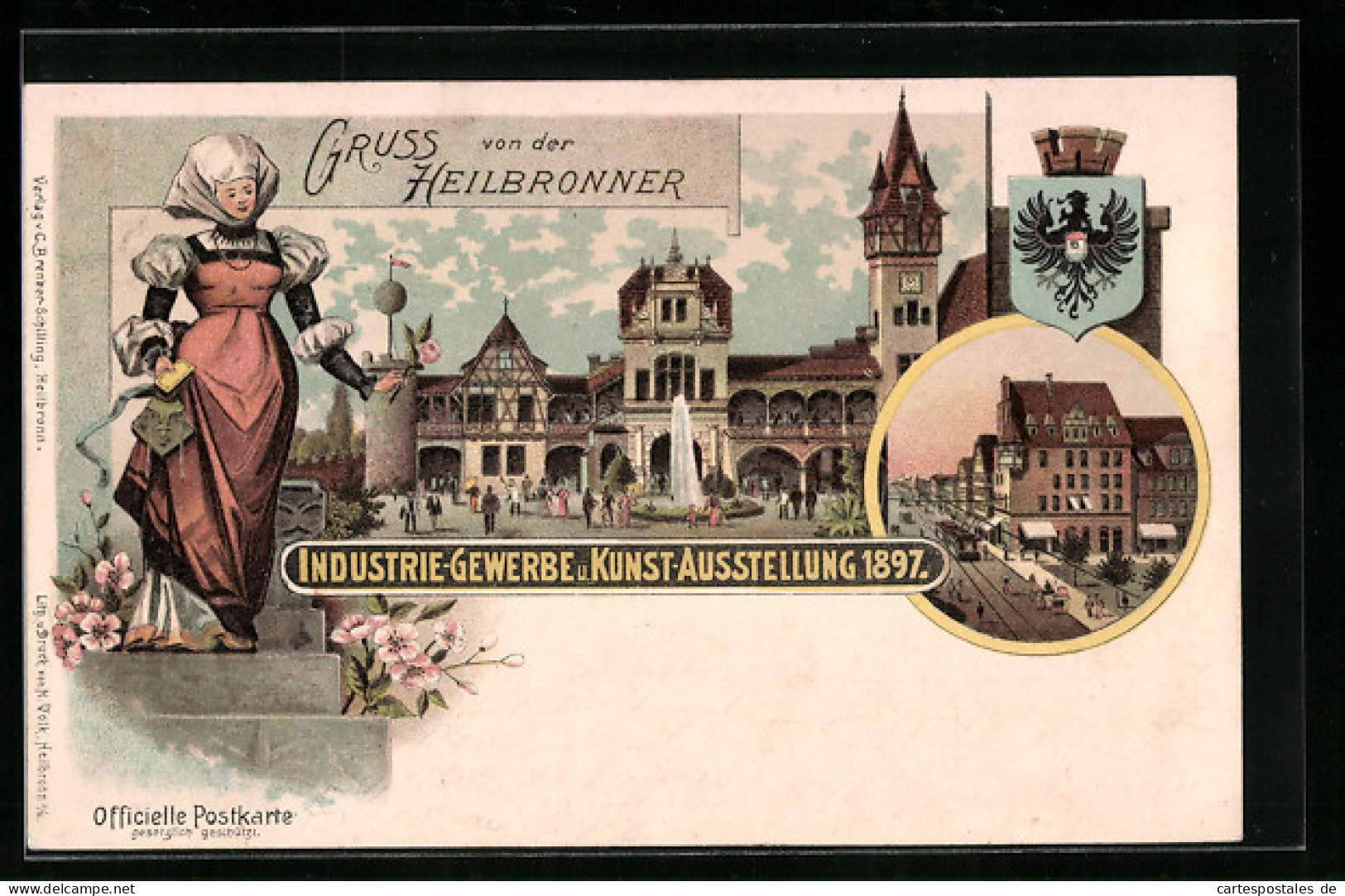 Lithographie Heilbronn, Industrie-Gewerbe U. Kunst-Ausstellung 1897, Haupthalle, Burgfräulein, Wappen  - Expositions
