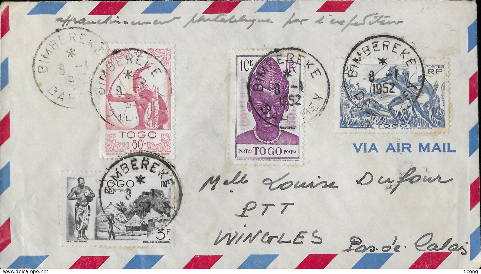 BIMBEREKE TOGO - LETTRE CACHETS RONDS 1952 POUR LA POSTE DE WINGLES PAS DE CALAIS, BEL AFFRANCHISSEMENT A VOIR - Cartas & Documentos