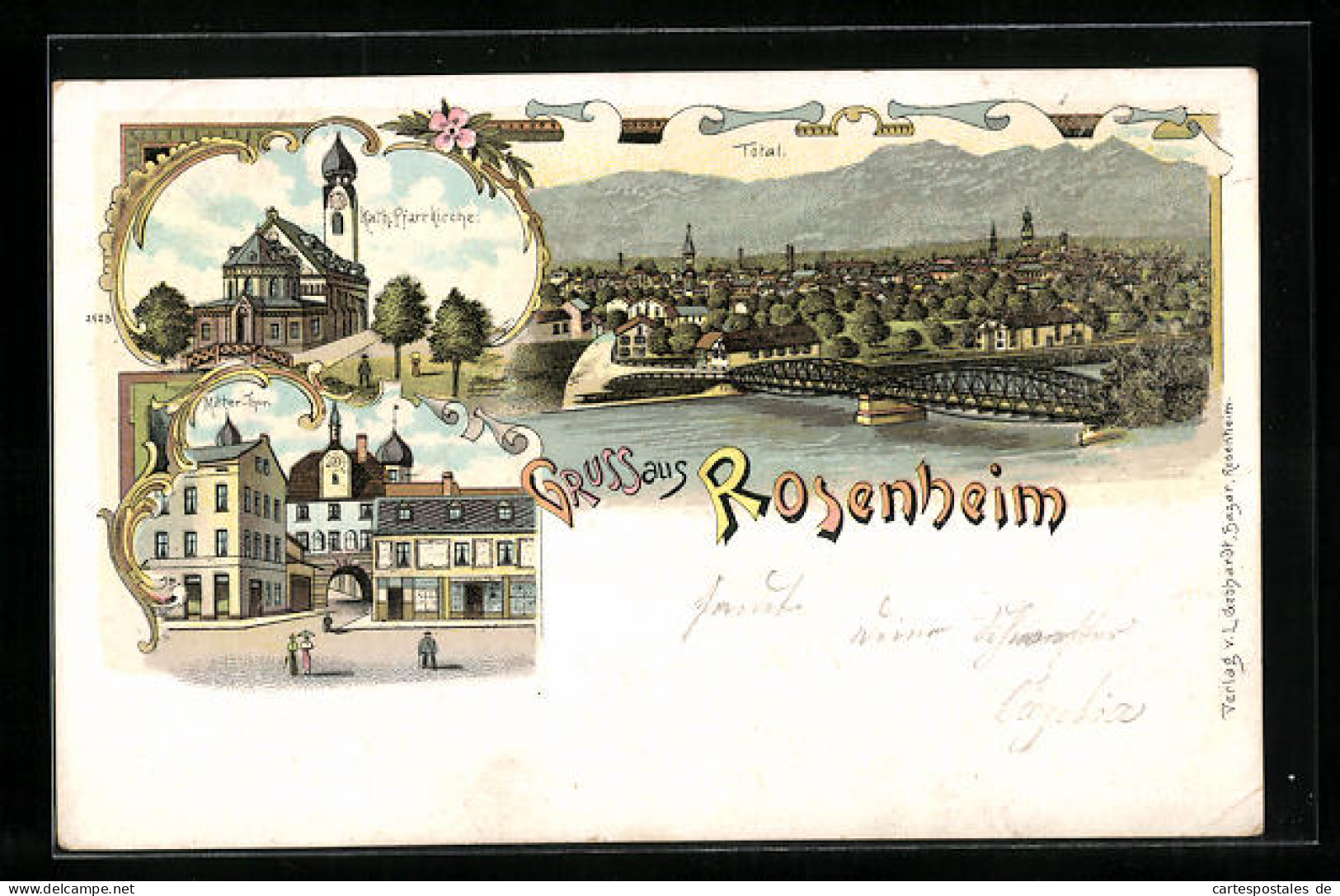 Lithographie Rosenheim, Totalansicht, Pfarrkirche, Ortspartie Mit Mitter-Thor  - Rosenheim