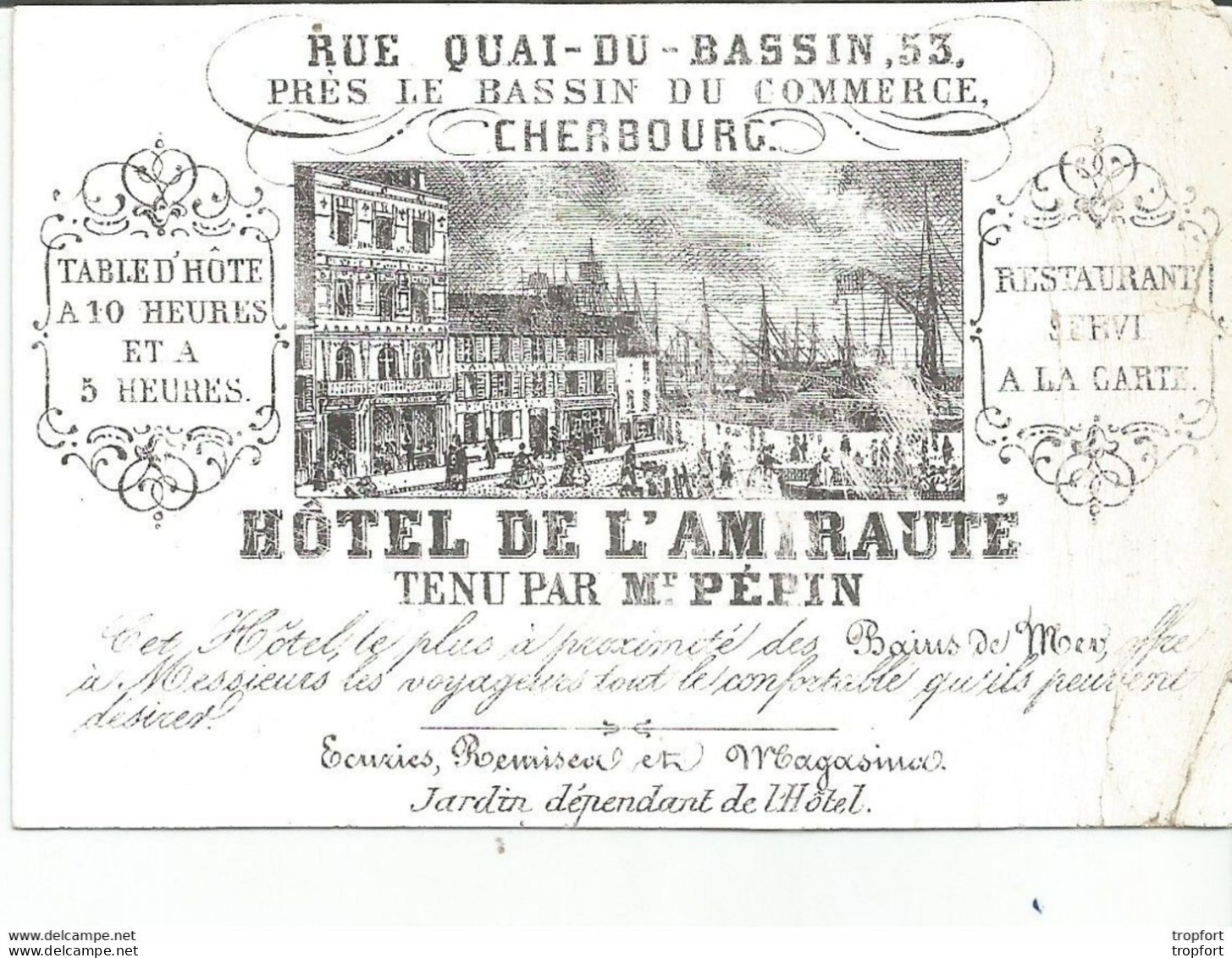 JP / RARE Carte De Visite Publicitaire Ancienne HOTEL DE L'AMIRAUTE CHERBOURG Mr PEPIN RESTAURANT Rue Quai Du Bassin - Visiting Cards