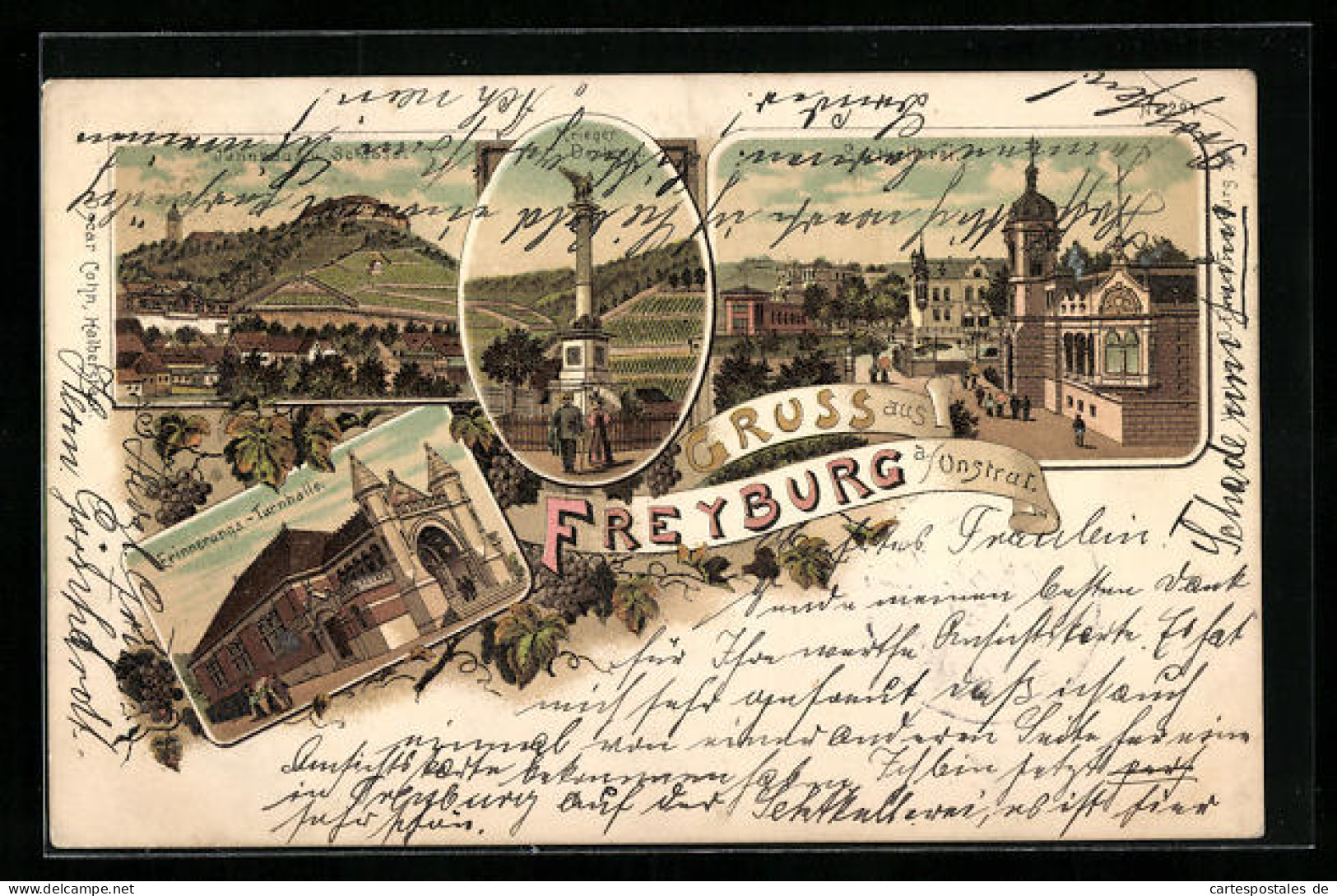 Lithographie Freyburg A. Unstrut, Sektkellerei, Erinnerungs-Turnhalle, Jahnbau Und Schloss  - Freyburg A. D. Unstrut