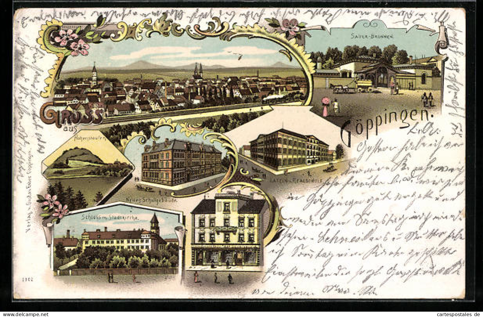 Lithographie Göppingen, Strassenpartie Mit Geschäft, Schloss Mit Stadtkirche, Neues Schulgebäude  - Goeppingen