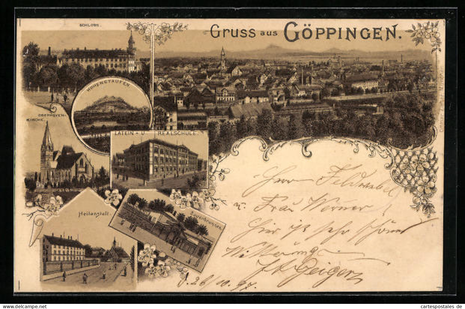 Lithographie Göppingen, Schloss, Heilanstalt, Sauerbrunnen  - Goeppingen
