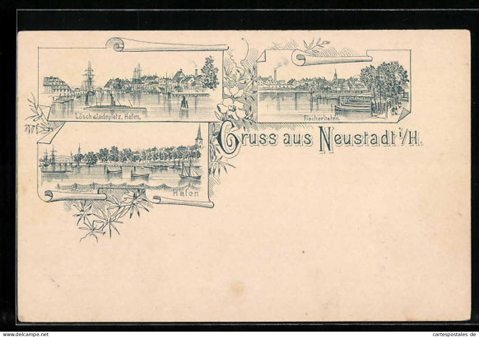 Lithographie Neustadt I. H., Fischerhafen, Hafen Mit Lösch- Und Landeplatz  - Neustadt (Holstein)