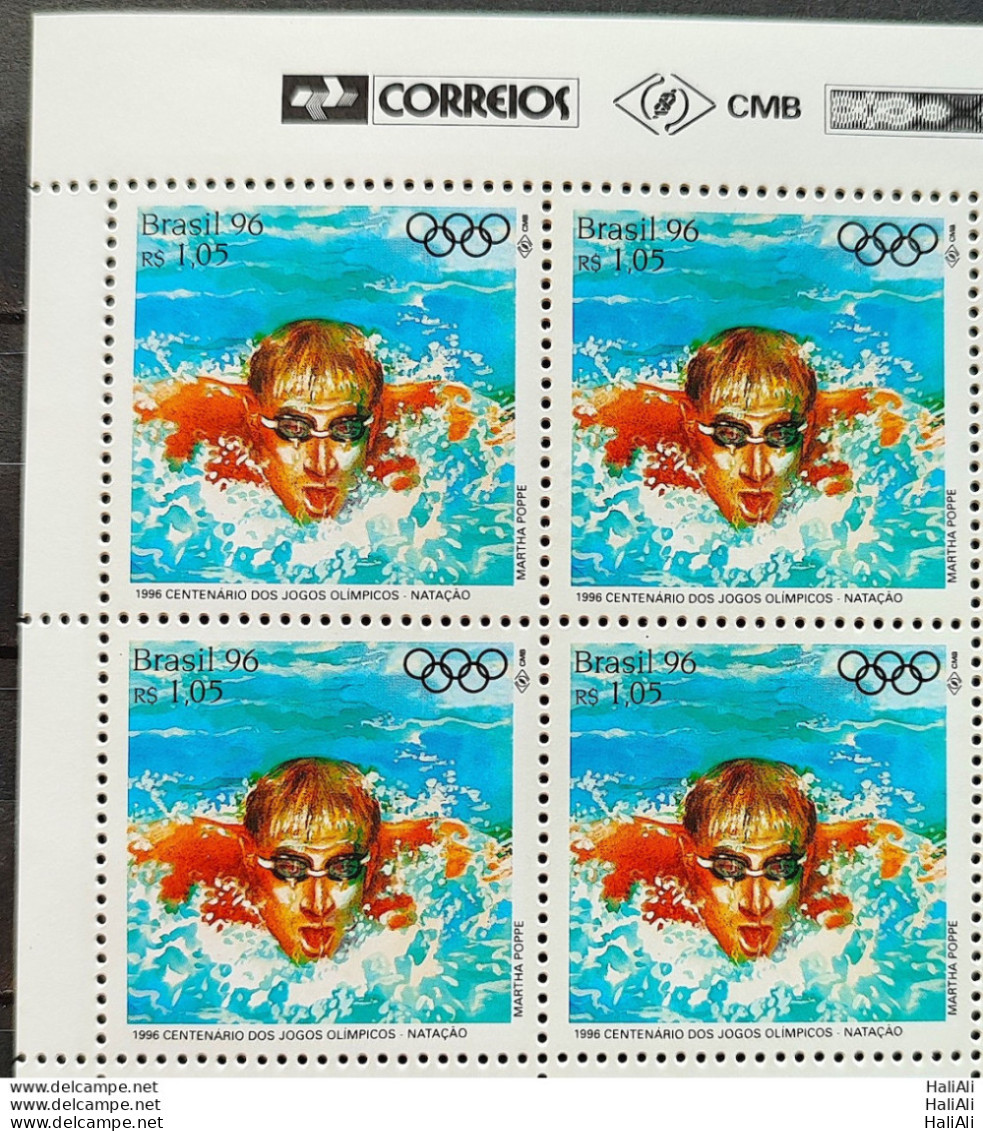 C 1999 Brazil Stamp 100 Years Olympic Games Atlanta 1996 Swimming Block Of 4 Vignette Correios - Neufs