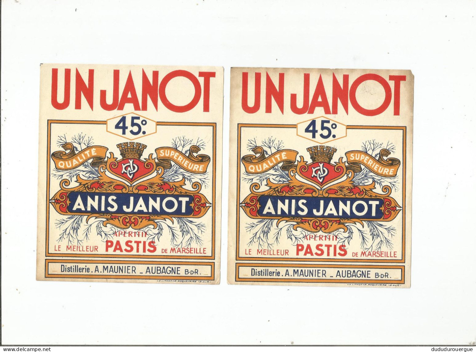 DISTILLERIE A. MAUNIER , AUBAGNE : ANIS JANOT : 2 ETIQUETTES - Alcools & Spiritueux