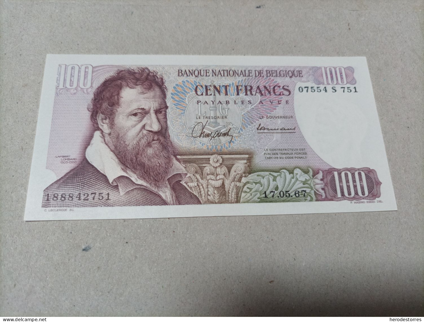 Billete Bélgica, 100 Francs, Año 1967, UNC - 100 Francs