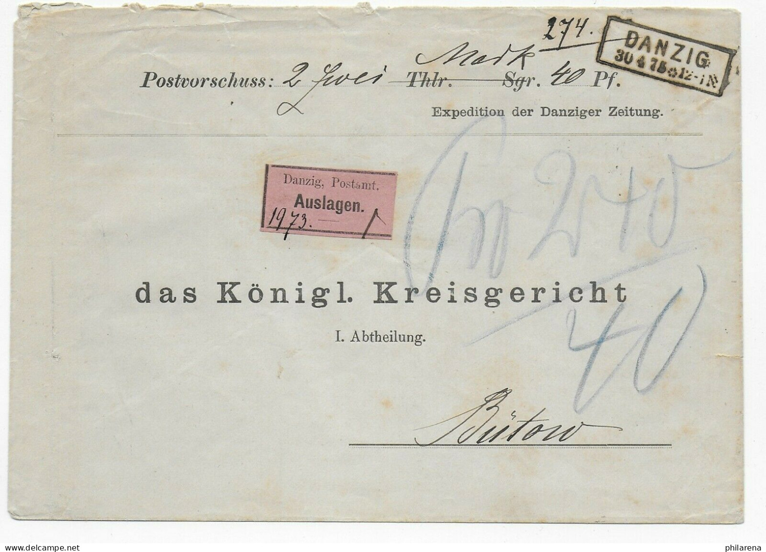 Danzig, Portomarken, 1875 An Das Königl. Kreisgericht Butow - Lettres & Documents