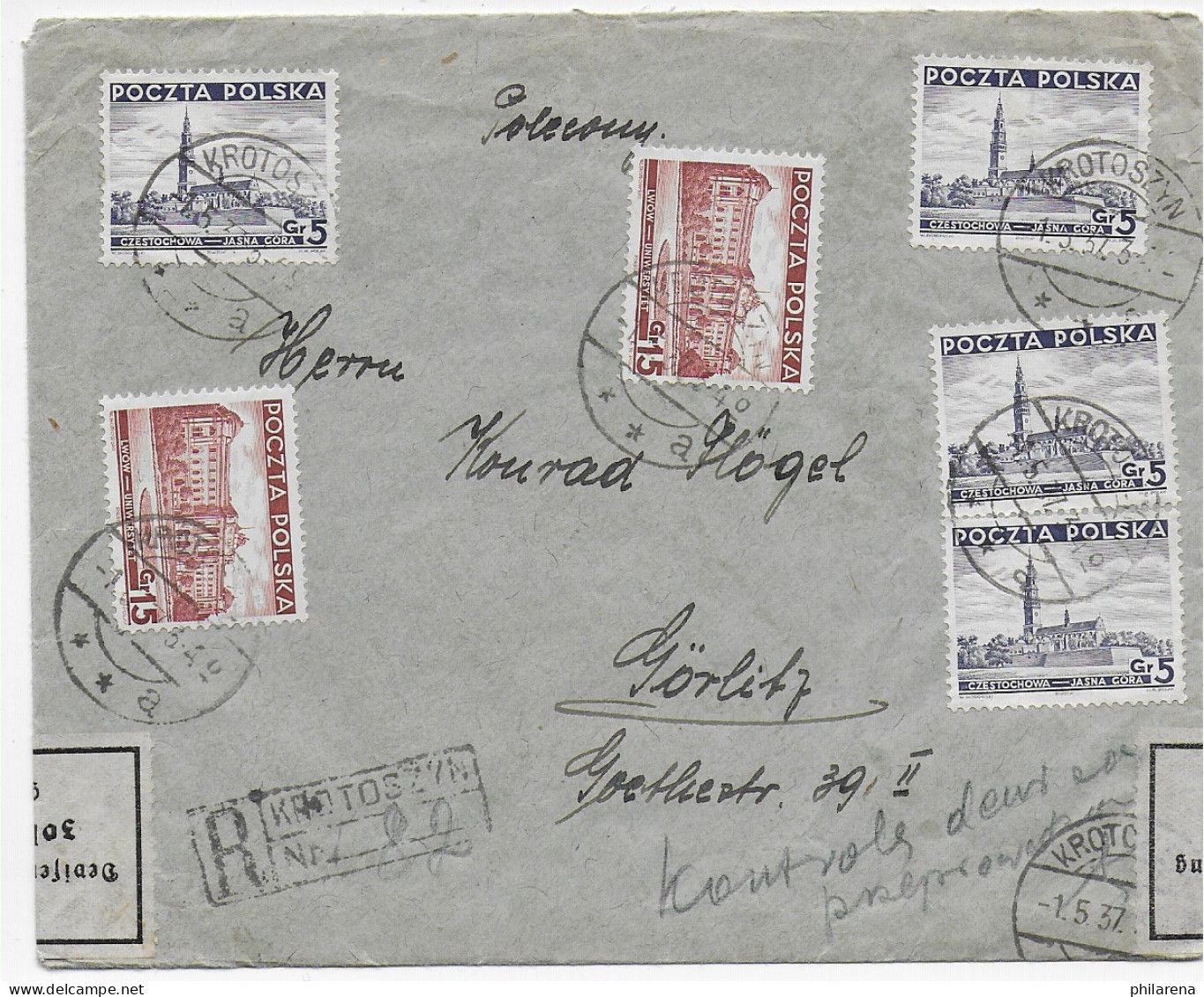 Polen: Einschreiben 1937 Krotoszyn Nach  Görlitz, Zollamtlich Geöffnet - Sonstige & Ohne Zuordnung