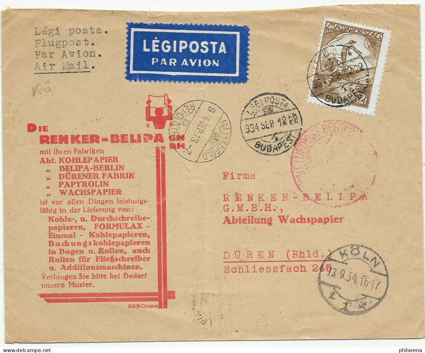 Ungarn Budapest Luftpost 1934 Nach Köln, Kohlepapier Fabrik - Autres & Non Classés