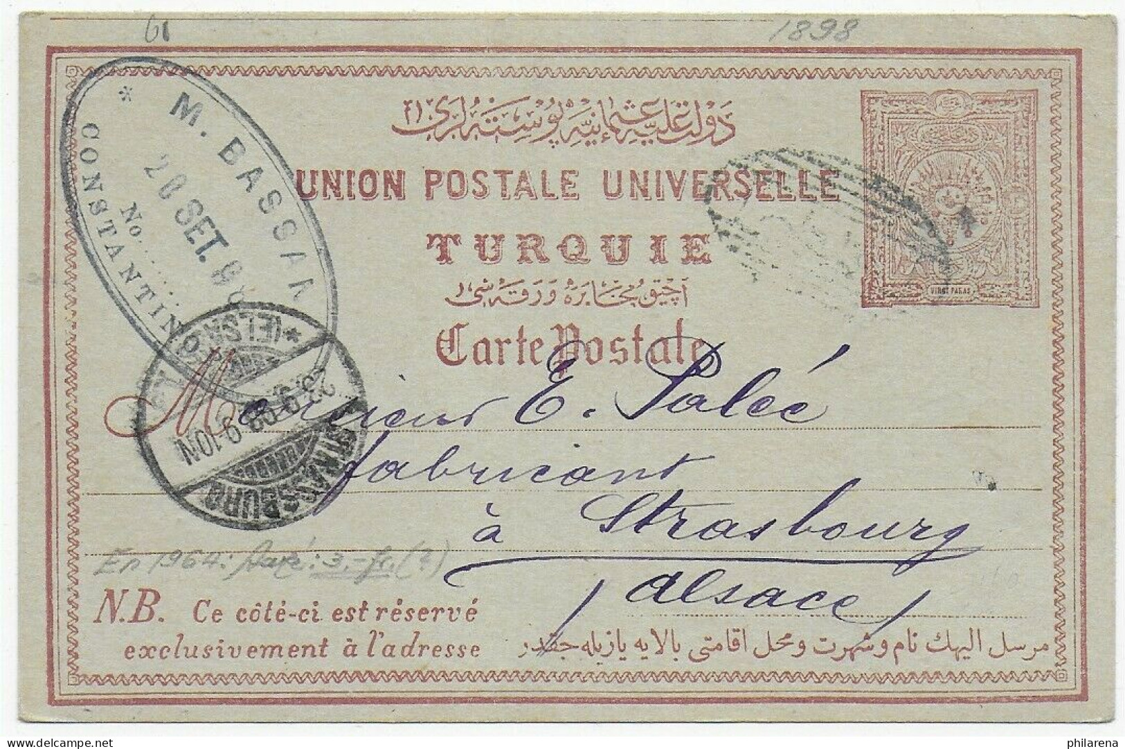 Postkarte Constantinopel Nach Strasbourg, 1898 - Other & Unclassified