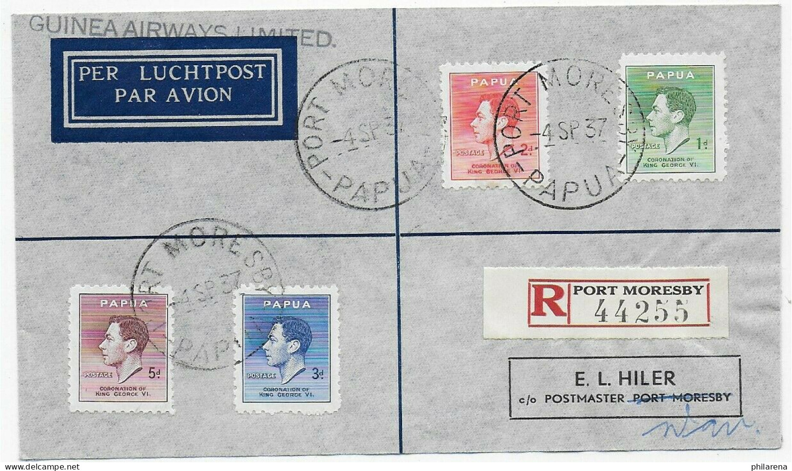 Luftpost Guinea Airways, Registered Port Moresby 1937 - Papua New Guinea