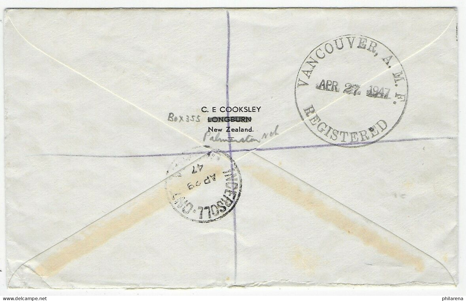 Palmerston North, Luftpost, Einschreiben Nach Ingersoll Ontario, 1947 - Other & Unclassified