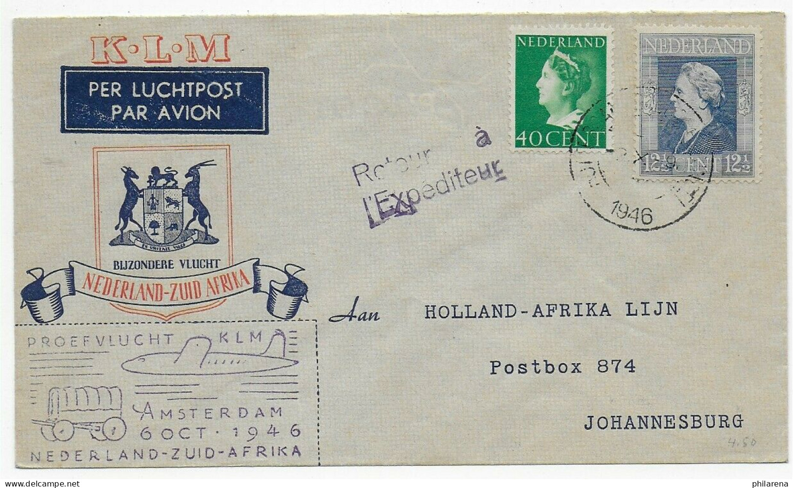 KLM Luftpost - Air Mail: Amsterdam - Süd Afrika - Johannesburg, Retour, 1946 - Other & Unclassified