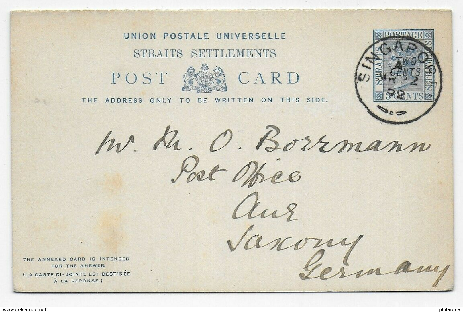 Post Card With Reply Card: Singapore To Germany, 1892 - Singapore (1959-...)