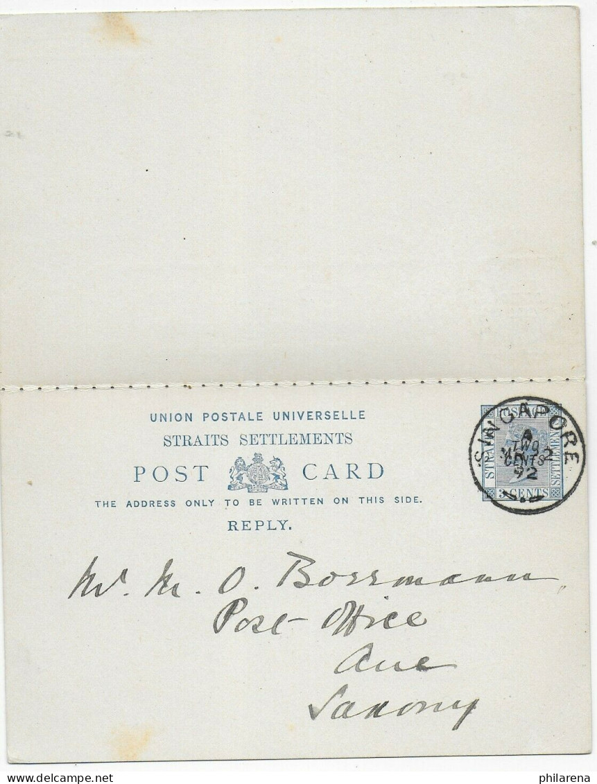 Post Card With Reply Card: Singapore To Germany, 1892 - Singapore (1959-...)