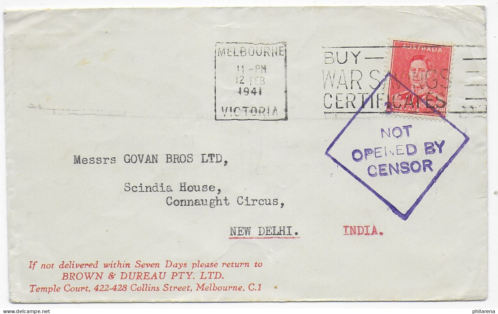 Melbourne 1941 To New Delhi/India, Not Opened By Censor: Buy War Savings Certif. - Autres & Non Classés