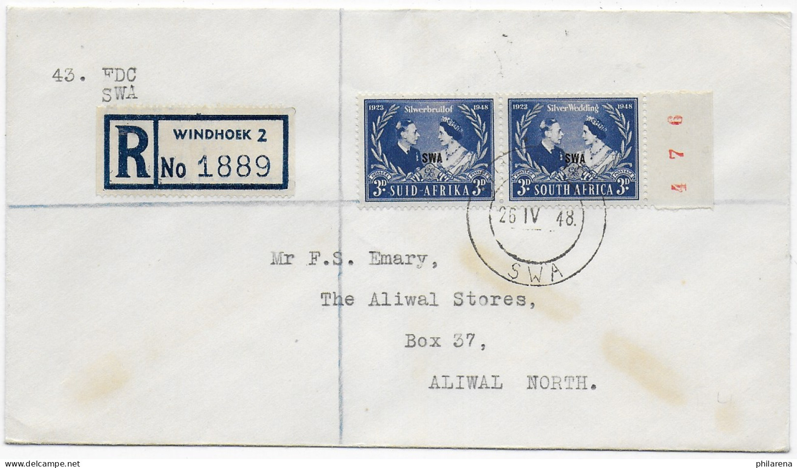 Windhoek Registered To Aliwal North, 1948, FDC - Autres & Non Classés