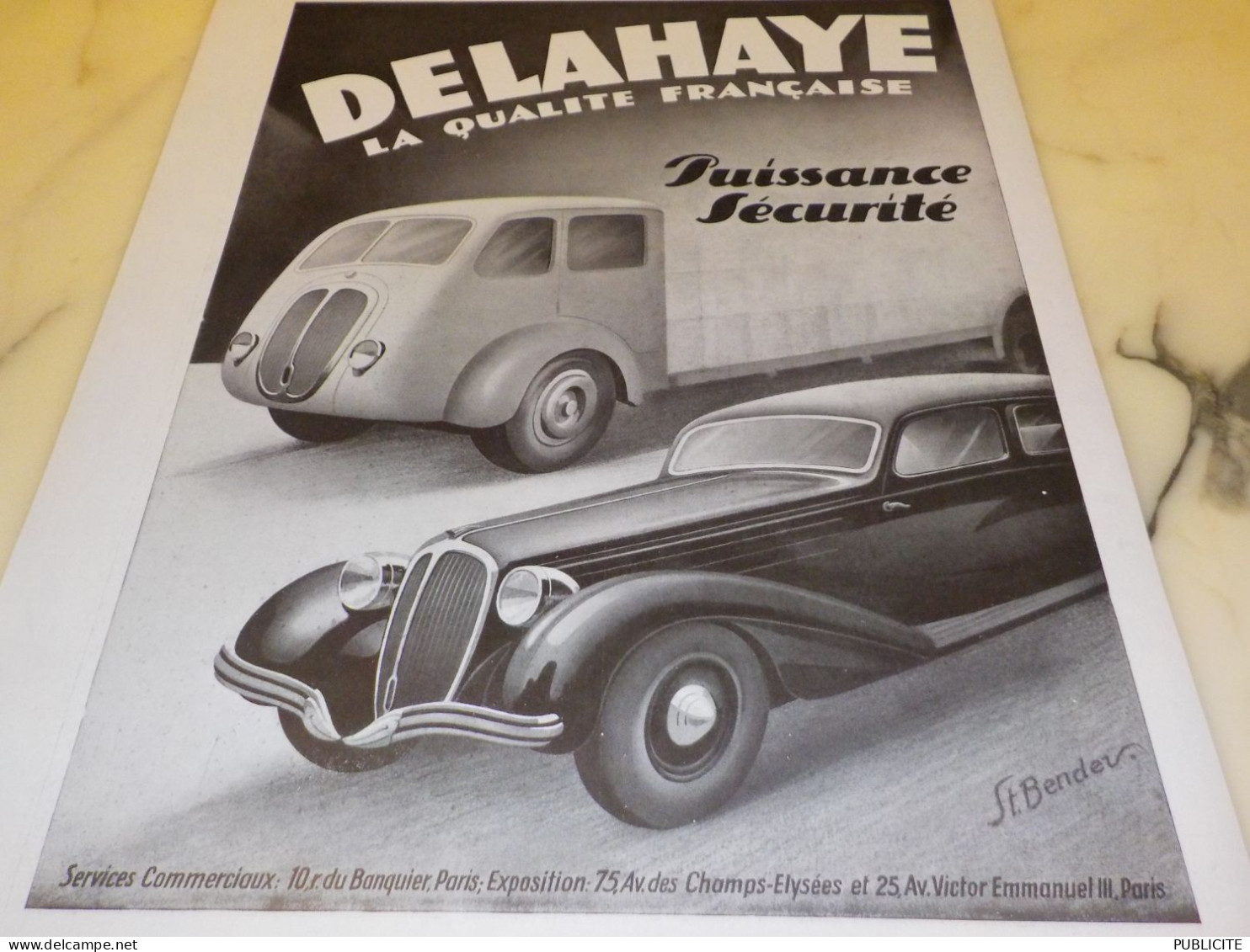 ANCIENNE PUBLICITE PUISSANCE SECURITE  VOITURE DELAHAYE 1940 - Camiones