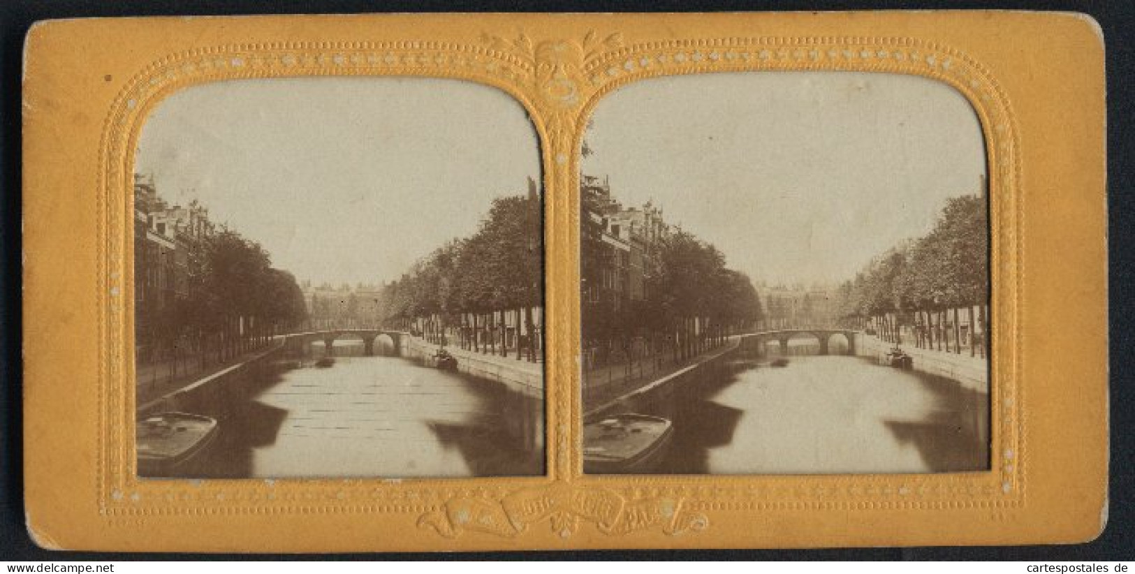 Stereo-Fotografie Unbekannter Fotograf, Ansicht Amsterdam, Blick In Eine Gracht Mit Brücke, Halt Gegen Das Licht  - Stereoscoop