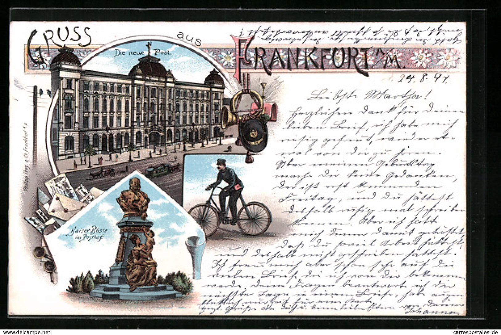 Lithographie Frankfurt, Die Neue Post, Kaiser-Büste Im Posthof, Briefträger Fährt Fahrrad, Posthorn  - Frankfurt A. Main