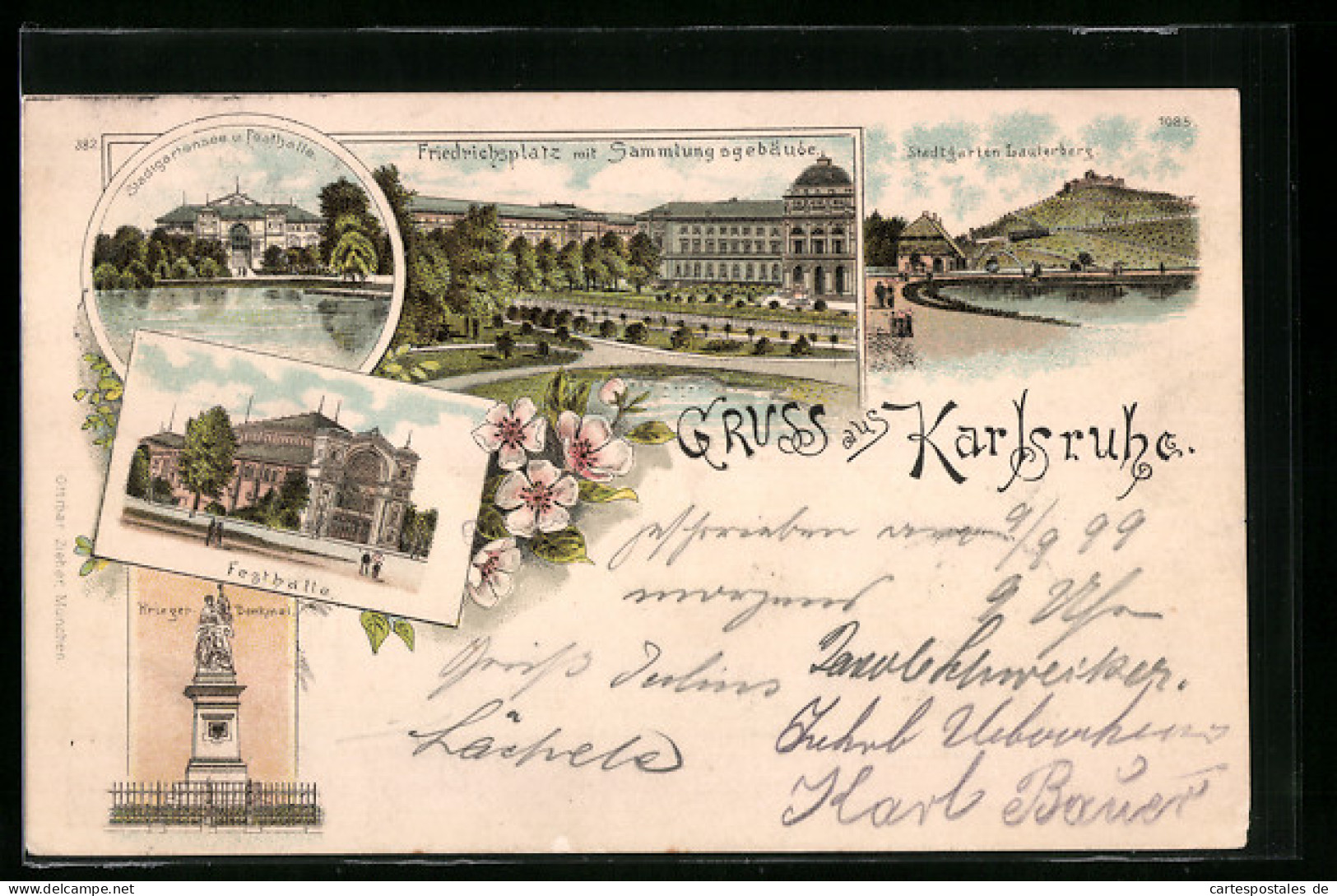 Lithographie Karlsruhe, Friedrichsplatz Mit Sammlungsgebäude, Stadtgartensee Und Festhalle  - Karlsruhe