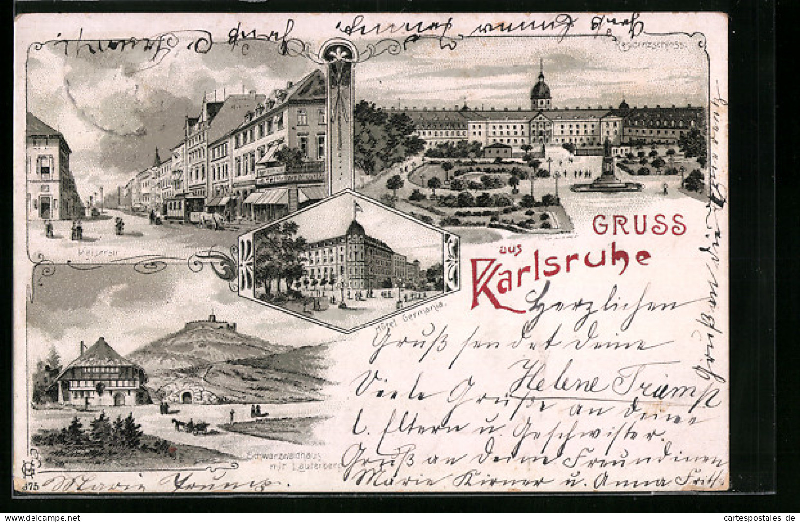 Lithographie Karlsruhe, Kaiserstrasse, Residenzschloss, Hotel Germania, Schwarzwaldhaus  - Karlsruhe