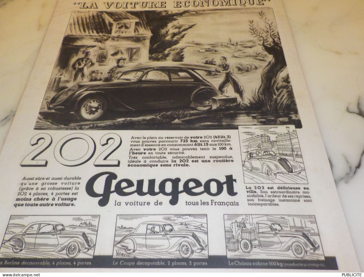 ANCIENNE PUBLICITE VOITURE ECONOMIQUE  202  DE PEUGEOT 1938 - Werbung