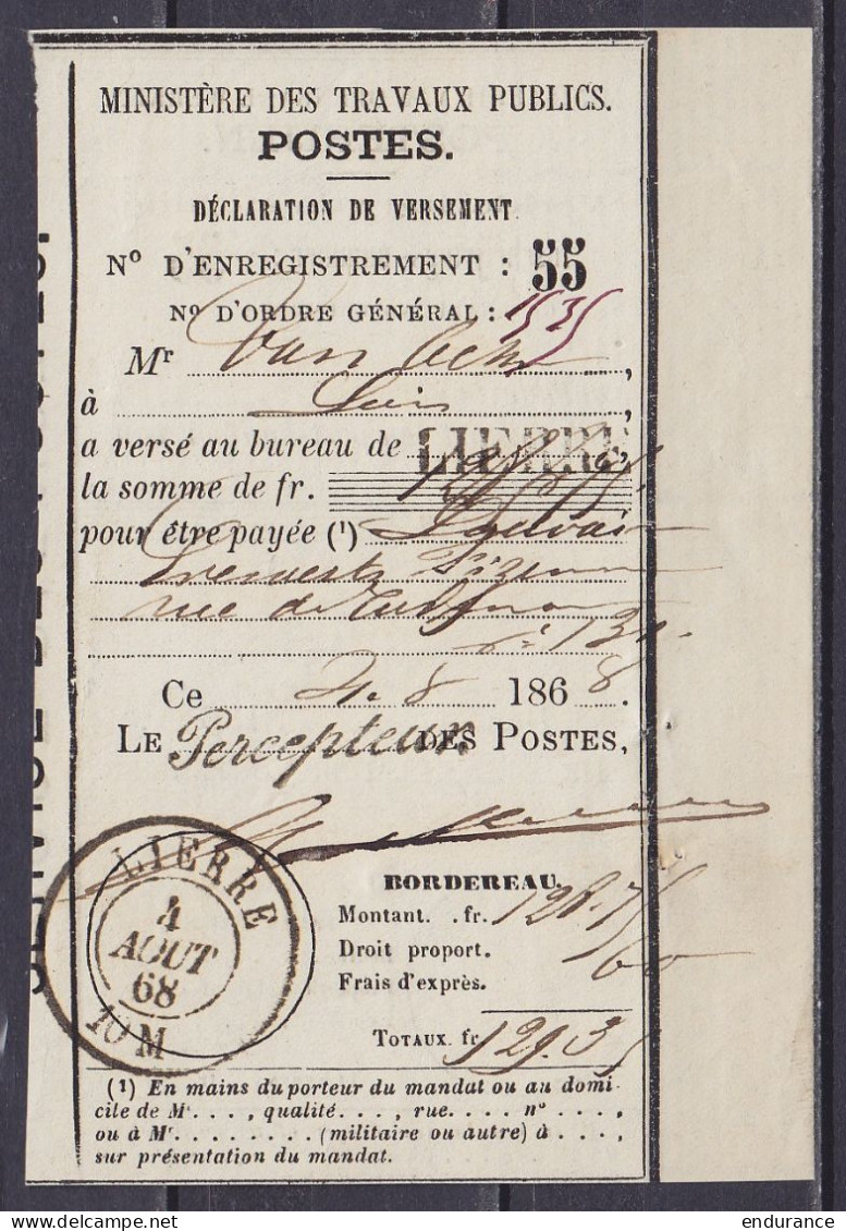 Récépissé Déclaration De Versement Càd LIERRE /4 AOUT 1868 - Griffe "LIERRE" - Other & Unclassified
