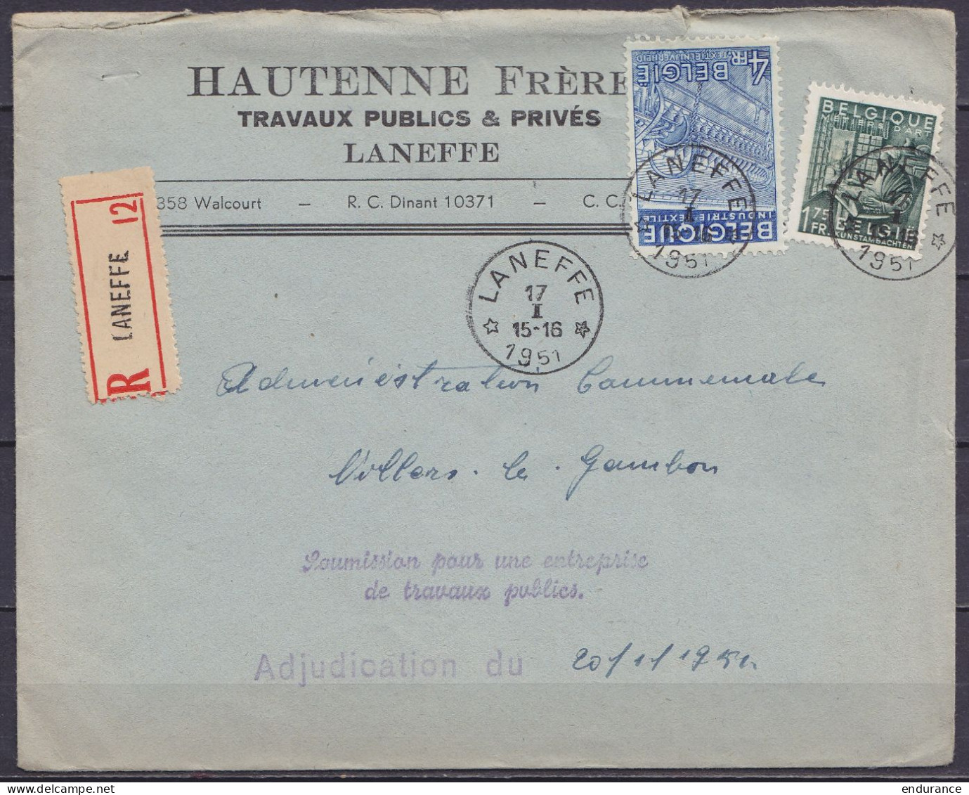 L. Recommandée "Hautenne Frères Travaux Publics & Privés" Affr. N°768+771 Càd Relais *LANEFFE* /17 I 1951 Pour VILLERS-L - 1948 Exportación