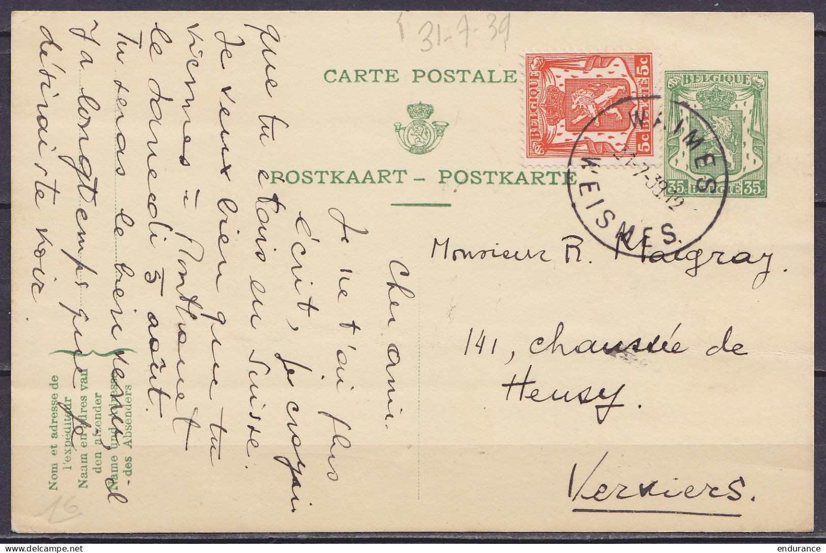 EP CP 35c Vert (N°425) Trilingue (FR-NL-DE) + N°419 Càd WAIMES /31-7-1939/ WEISMES Pour VERVIERS - Cartes Postales 1934-1951