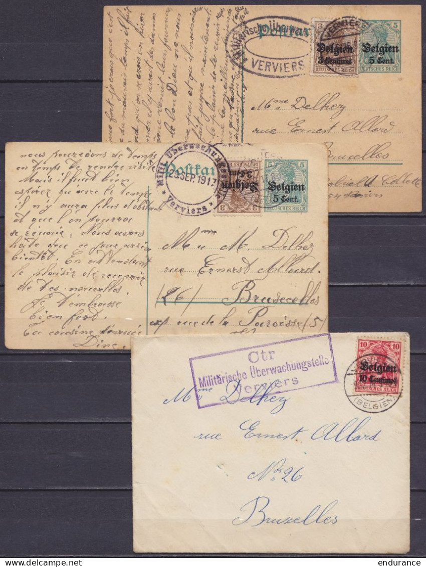 L. Affr. OC3 & Postkarte 5c Vert + OC11 De VERVIERS (1914 & 1917) Pour BRUXELLES - 2 Cachets Censures Militaire Différen - OC1/25 Governo Generale