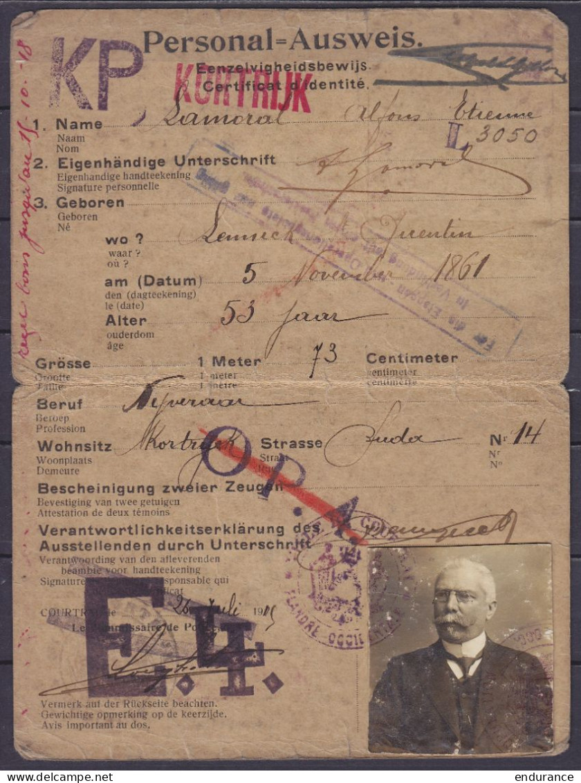 Certificat D'identité - Personal Ausweis Délivré à KORTRIJK Le 26 Juillet 1915 à Alfons Samoral Né à LENNIK ST-QUENTIN L - Andere & Zonder Classificatie