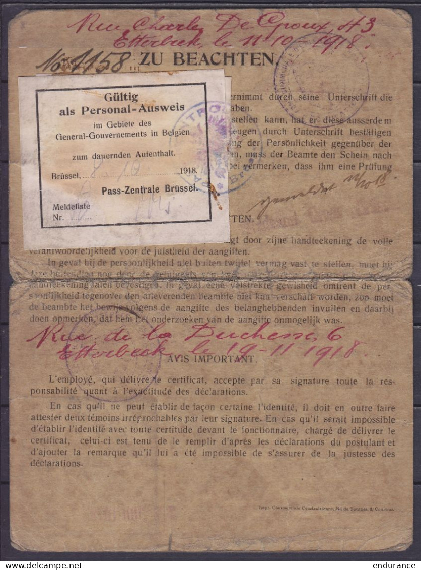 Certificat D'identité - Personal Ausweis Délivré à KORTRIJK Le 26 Juillet 1915 à Alfons Samoral Né à LENNIK ST-QUENTIN L - Altri & Non Classificati