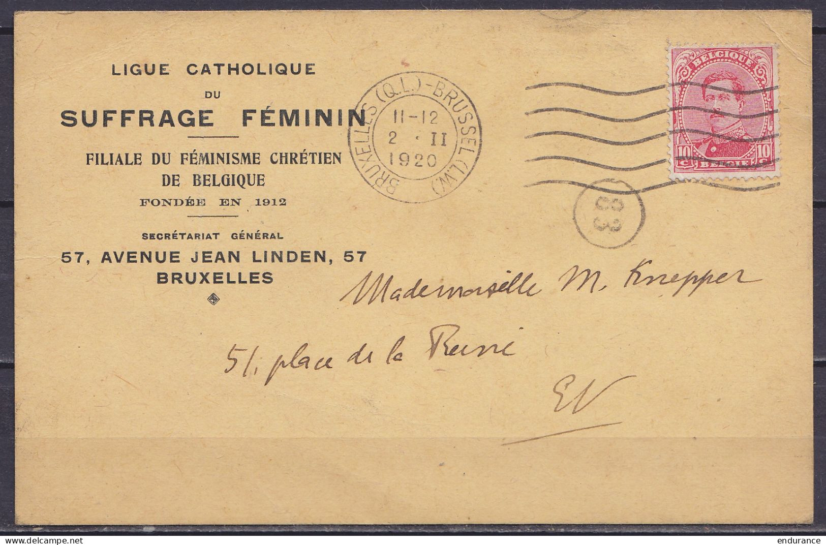 CP "Ligue Catholique Du Suffrage Féminin" Affr. N°138 Flam. BRUXELLES (Q.L.)-BRUSSEL (L.W.) /2 II 1920 Pour E/V - 1915-1920 Albert I.