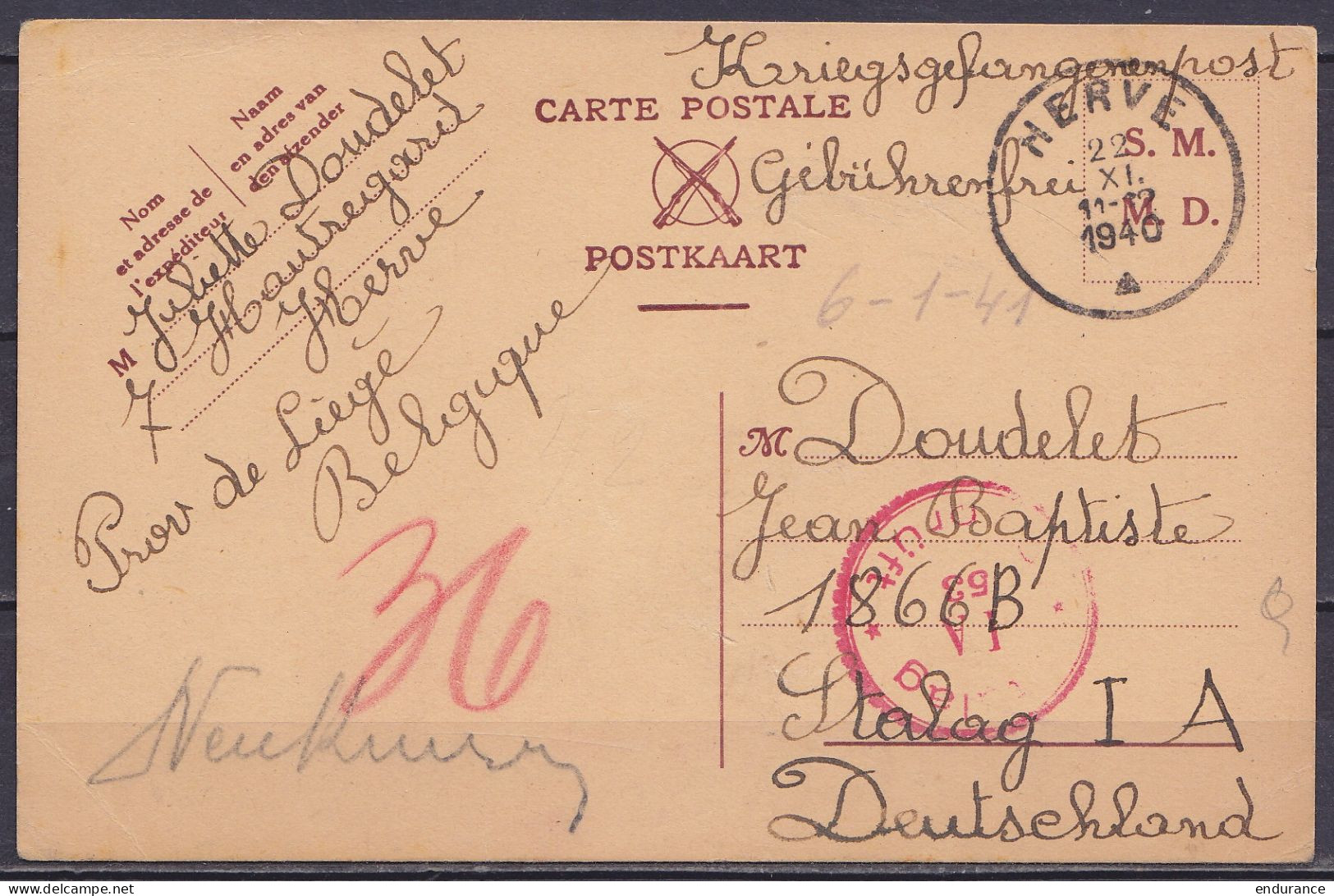 CP S.M. / M.D. (franchise Militaire) Kriegsgefengenenpost Càd HERVE /22 XI 1940 Pour Prisonnier Au Stalag I A - Cachet C - Weltkrieg 1939-45 (Briefe U. Dokumente)