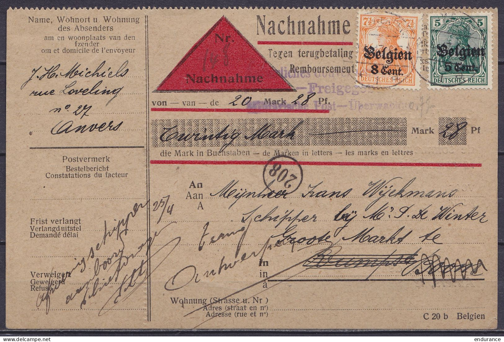 Carte Contre-remboursement Affr. OC12 + OC13 Càpt ANTWERPEN /20.4.1917 Pour RUMPST Réexpédiée à BOOM Retour à ANVERS - C - OC1/25 Gobierno General
