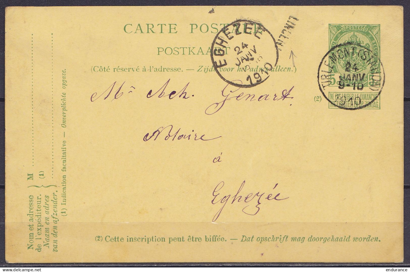 EP CP 5c Vert (N°83) De Pellaines Càd TIRLEMONT (STATION) /24 JANV 1910 Pour EGHEZEE - Griffe "LINCENT" - Càd Arrivée EG - Postcards 1871-1909
