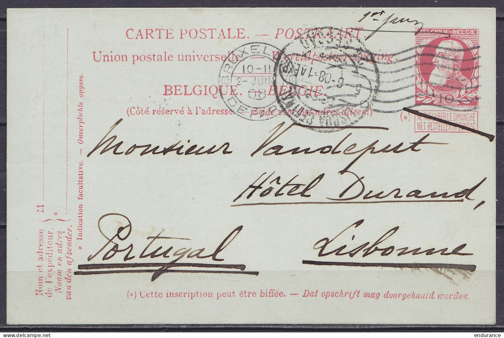 EP CP 10c Carmin (N°74) Flam. "BRUXELLES /2-JUIN 1908/ DEPART" Pour LISBONNE - Càd Arrivée LISBOA CENTRAL - Cartes Postales 1871-1909