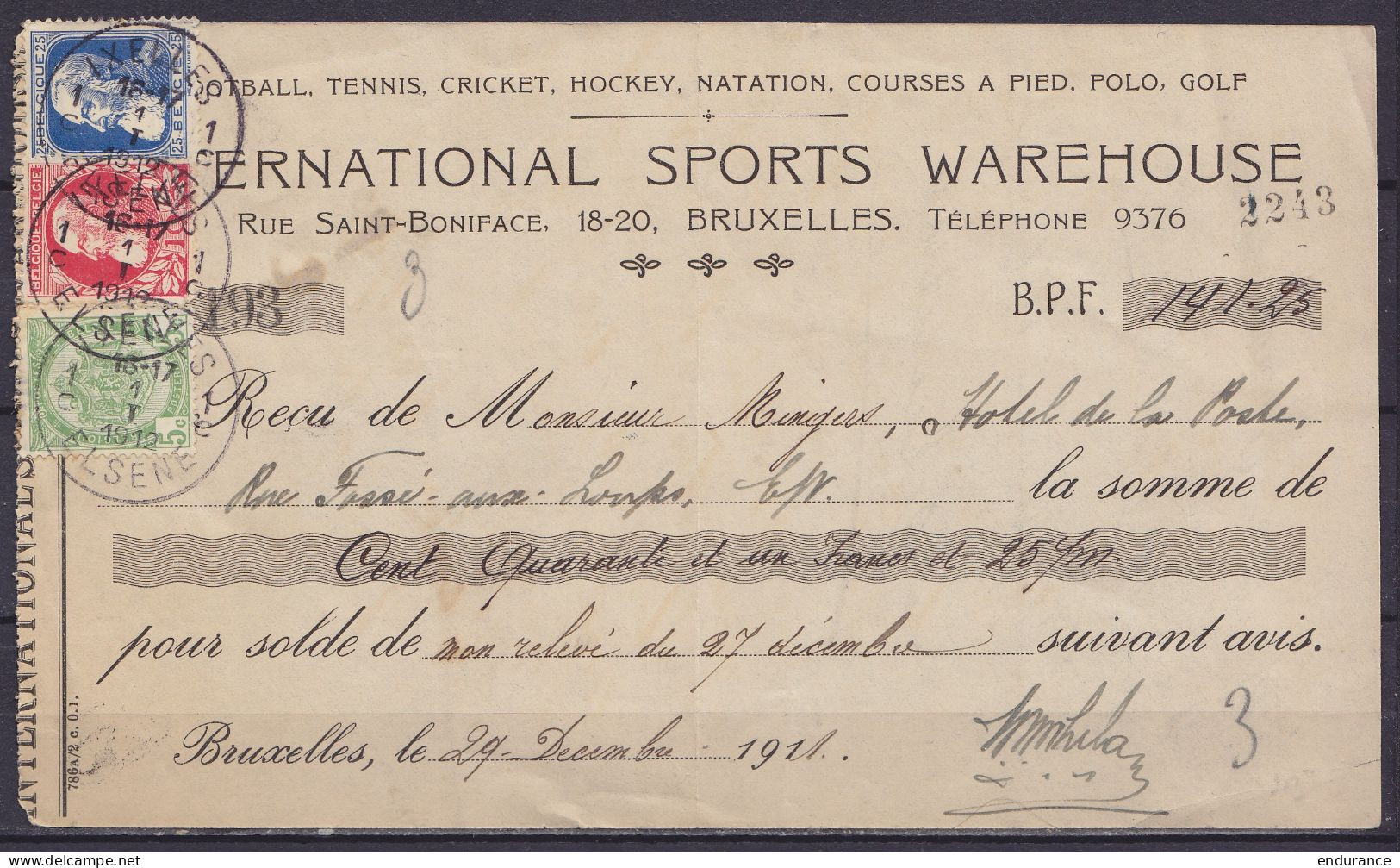 Reçu "International Sports Warehouse Bruxelles" Affr. N°74+76+83 Càd "IXELLES 1C /1 I 1912/ ELSENE" - 1905 Thick Beard