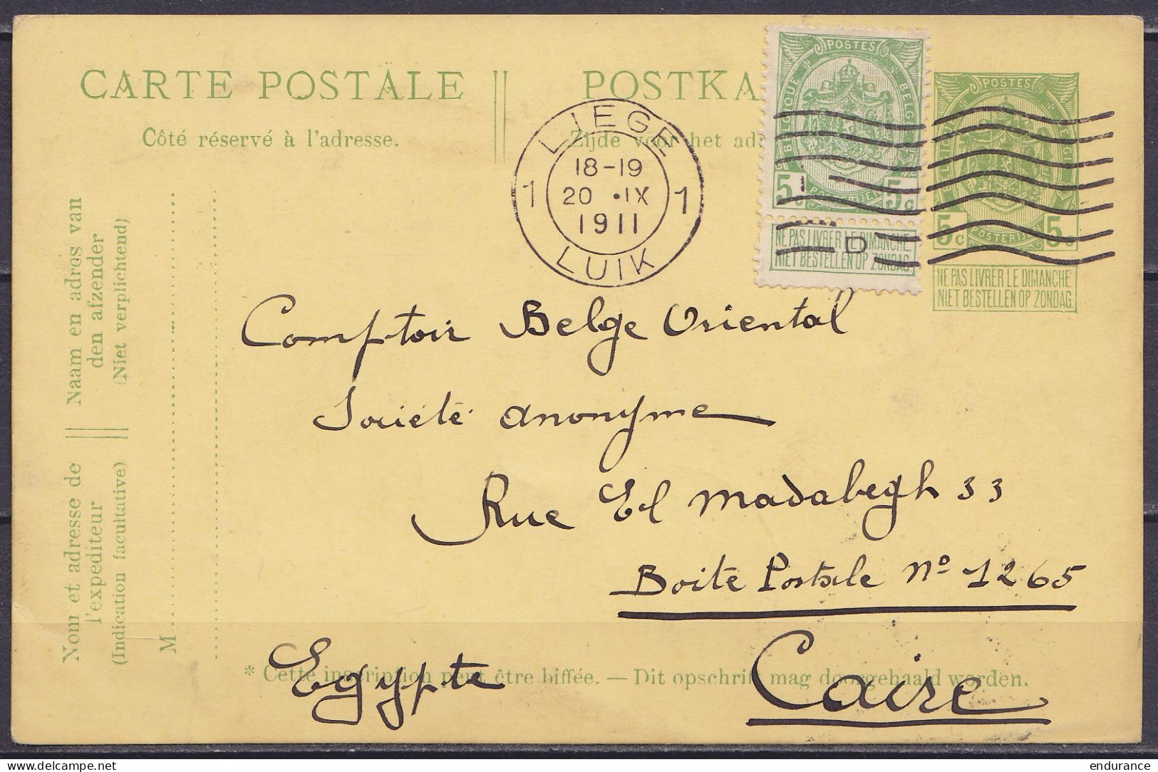 EP CP 5c Vert (N°83) + N°83 Flam. "LIEGE 1 /20.IX 1911/ LUIK 1" Pour LE CAIRE (Egypte) (au Dos: Càd Arrivée "PORT SAÏD - - Postkarten 1871-1909