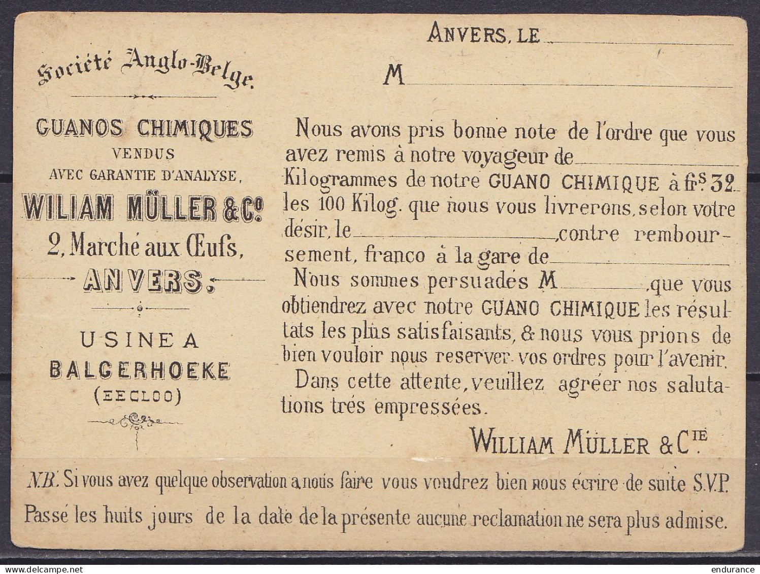 EP Carte-correspondance 5c Brun (N°28) Repiquée Au Dos "Société Anglo-Belge / Guanos Chimiques / William Müller / Anvers - Postcards 1871-1909