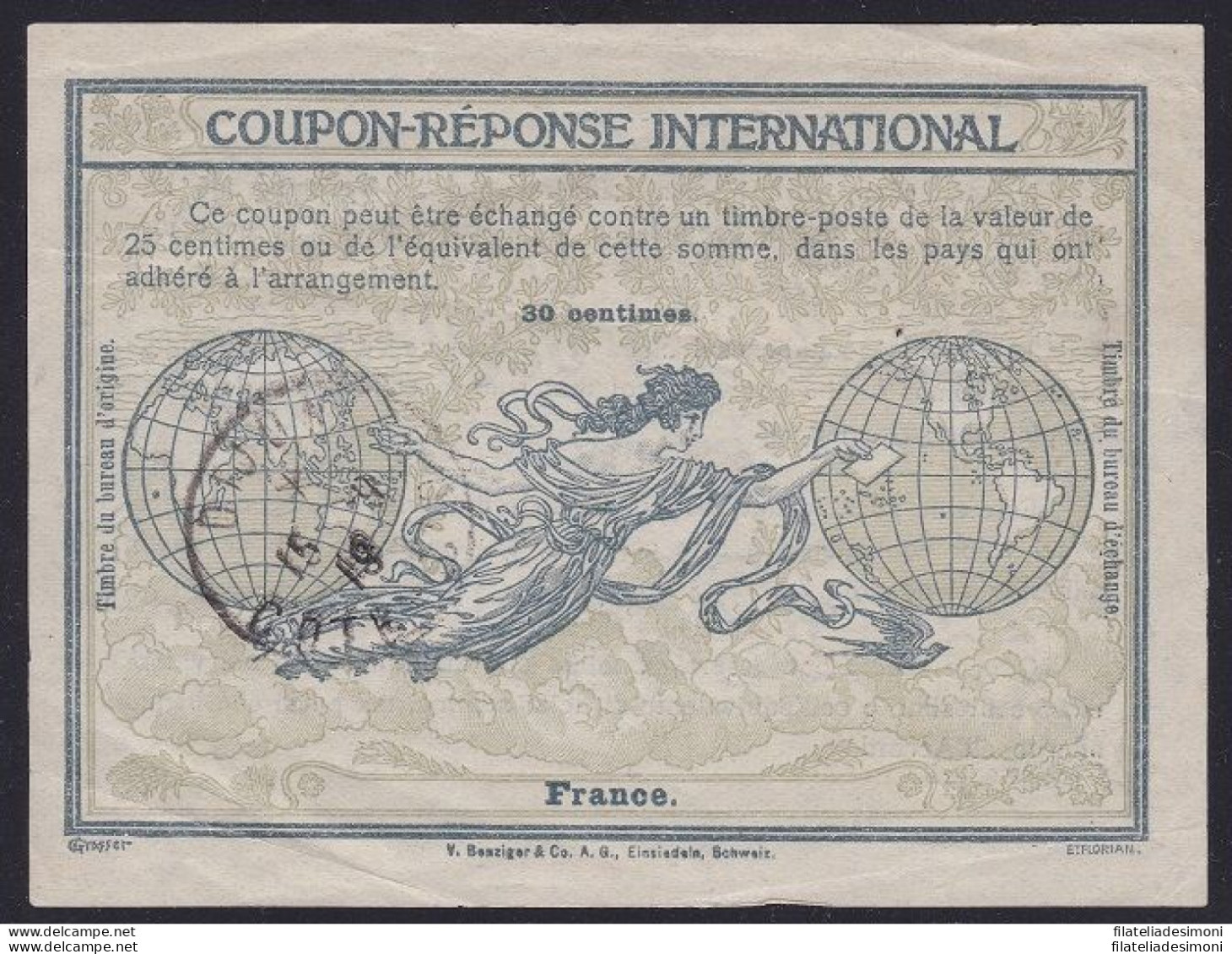 1907 FRANCIA , COUPON-REPONSE INTERNATIONAL  TIPO 'ROMA'  Annullato - Autres & Non Classés