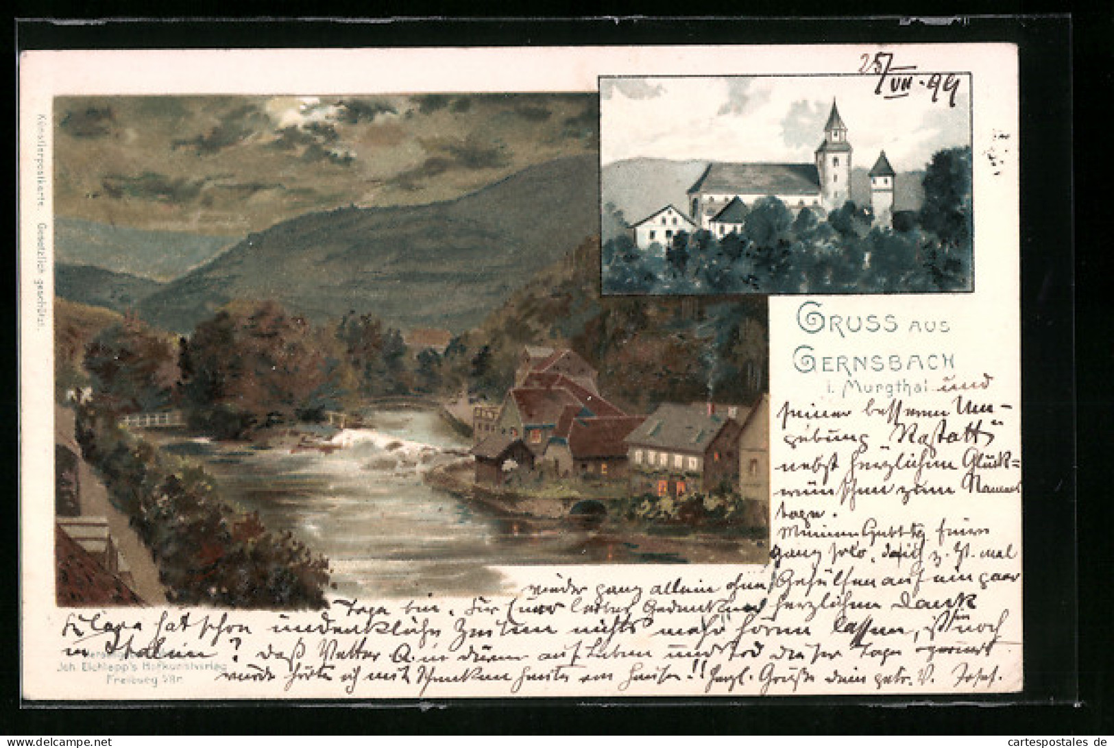 Lithographie Gernsbach I. Murgthal, Panorama Mit Flusspartie  - Gernsbach